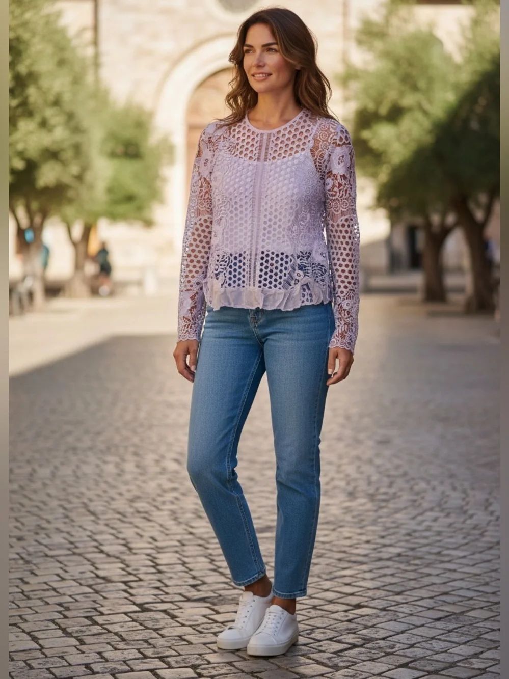 Revolve Karina Grimaldi Purple Floral Open Lace Long Sleeve Blouse Size L